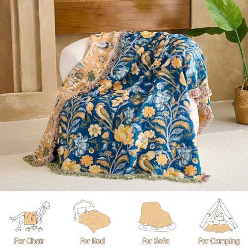 Image of VANJOROY Boho Throw Blanket King, 100% Organic Cotton Breathable Ultra Soft 91 inch x 98 inch Bed Quilt Throw - All Season Floral Rustic Farmhouse Decor Reversible Blanket for Sofa Couch Chair and Gift