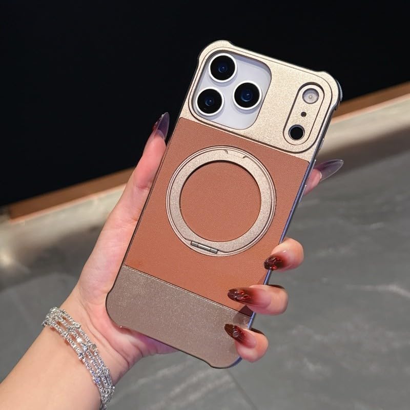 Coque iPhone 15 Pro Max dorée en cuir premium avec support métal