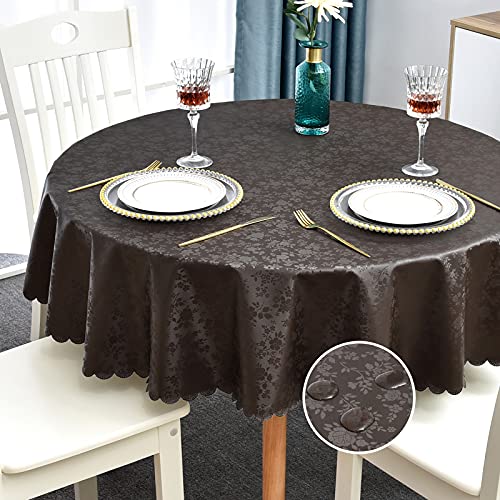 Image of Romanstile Waterproof Vinyl Tablecloth Round, 60 x 60 Inch, Rose Coffee | Flannel Backing Wipeable Table Cloth, Heavy Duty Plastic PU Table Cover for Kitchen Dining, Indoor & Outdoor Use