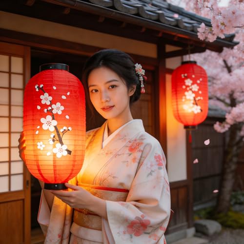 Image of Traditional Japanese Style Red Silk Cherry Blossom Lantern 10 Inch, ZUEXT Set of 6 Waterproof Indoor Outdoor Festival Theme Birthday Party Home Yard Lanterns Japanese Eateries Decor