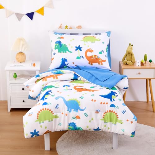 Wake In Cloud - Dinosaur Toddler Bedding Set for Boys Cute Colorful Dinosaurs 4 Pieces Soft Crib Bed Set Including Comforter Sheets and Pillowcase White Blue