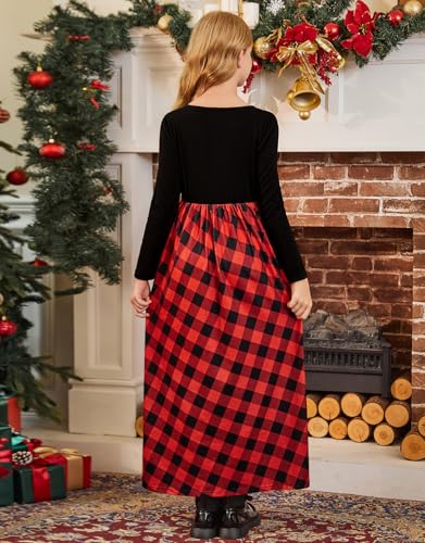 Image of KYMIDY Girl Maxi Dress Kids Casual Buffalo Check Plaid Long Sleeve Dresses with Pockets(6-14yrs)