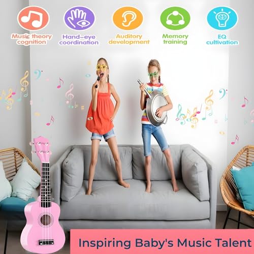 Image of Jakeloo 21 Inch Wooden Acoustic Guitar for Toddler, Kids Guitar Toy, Musical Instrument, Ideal for 3-9 Year Old Boys Girls, Pink