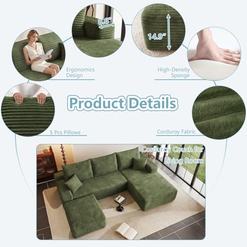 Image of 95 inch Cloud Sectional Couch with Ottoman,Modern U-Shaped Cloud Couch with Deep Seat,Comfy Corduroy Sofa,Memory Foam Sofa for Living Room,No Assembly (Green,Right-Facing Chaise)