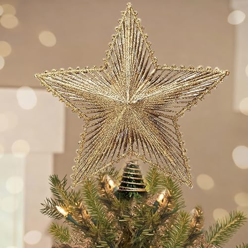 Youchicnow ゴールドスター 23 x 20cm 北欧風 五芒星 装飾ツリートップ 豪華 おしゃれ 3D スター 星 クリスマスツリートップ 1個 プレゼント ゴールド メリークリスマス 中空の星型トップスター クリ オーナメント 屋外 Gold Glitter Merry Christmas Star Hollow Tree Topper