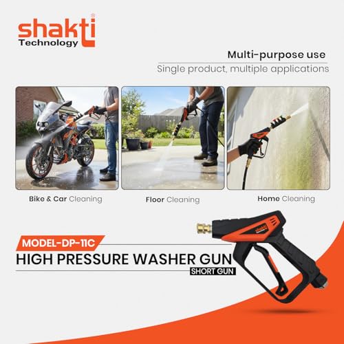 Image of Shakti Technology DP-11C High Pressure Washer Short Gun - 350 Bar Max Pressure, 360 Swivel Inlet, 4 Interchangeable Nozzles, Quick Connect System for Car, Bike & Home Cleaning