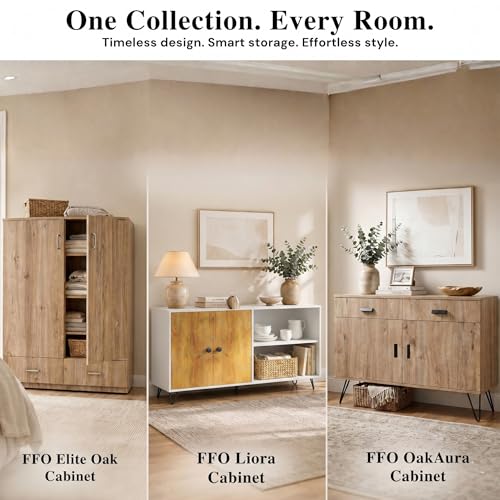 Image of FFO Wooden Sideboard Cabinet for Living Room | Wooden Living Room Storage Cabinet with Drawers, Side Cabinet for Bedroom, Modern Wood Finish, 2 Door Cupboard with Metal Legs Mile Oak (DIY).