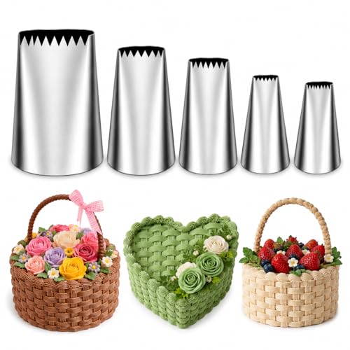 Timkumon 5 Pcs Basketweave Piping Tips Set, 3D, 1D, 895, 48, 47, Stainless Steel Cake Decorating Tips, Frosting Icing Nozzles for Cupcakes, Cakes, Cookies