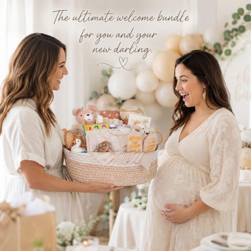 Image of Ultimate Gender-Neutral Baby Gift Basket, Neutral Beige Newborn Essentials, Premium All-in-One Unisex Baby Shower & Gender Reveal Gift Set for Boys & Girls with Swaddle Diaper Caddy Organizer