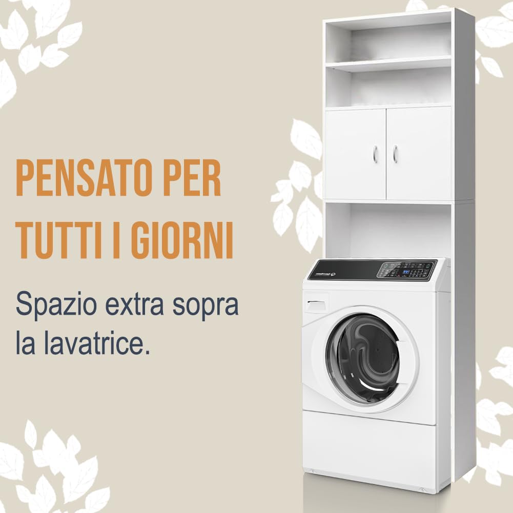 BAKAJI Mobile per Lavatrice da Bagno Lavanderia Salvaspazio, Mobiletto Armadio a Colonna, 3 Mensole e 2 Ante, Armadietto Legno Bianco per Corridoio, Design Minimal, Ripiano Capiente, 63 x 20 x 185 cm