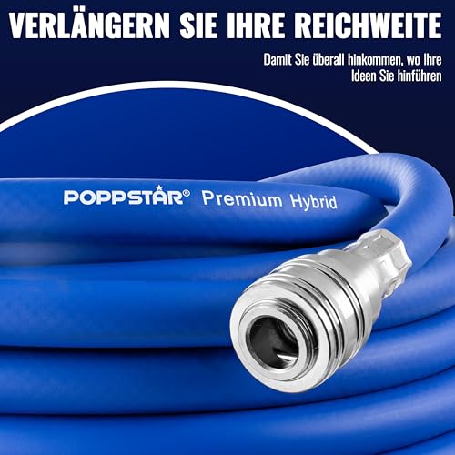 Poppstar Druckluftschlauch 10 m (Hybrid PVC mit Gewebe, Innendurchmesser 9,2mm mit Schnellkupplung & Kupplungsstecker) bis 20 bar, blau