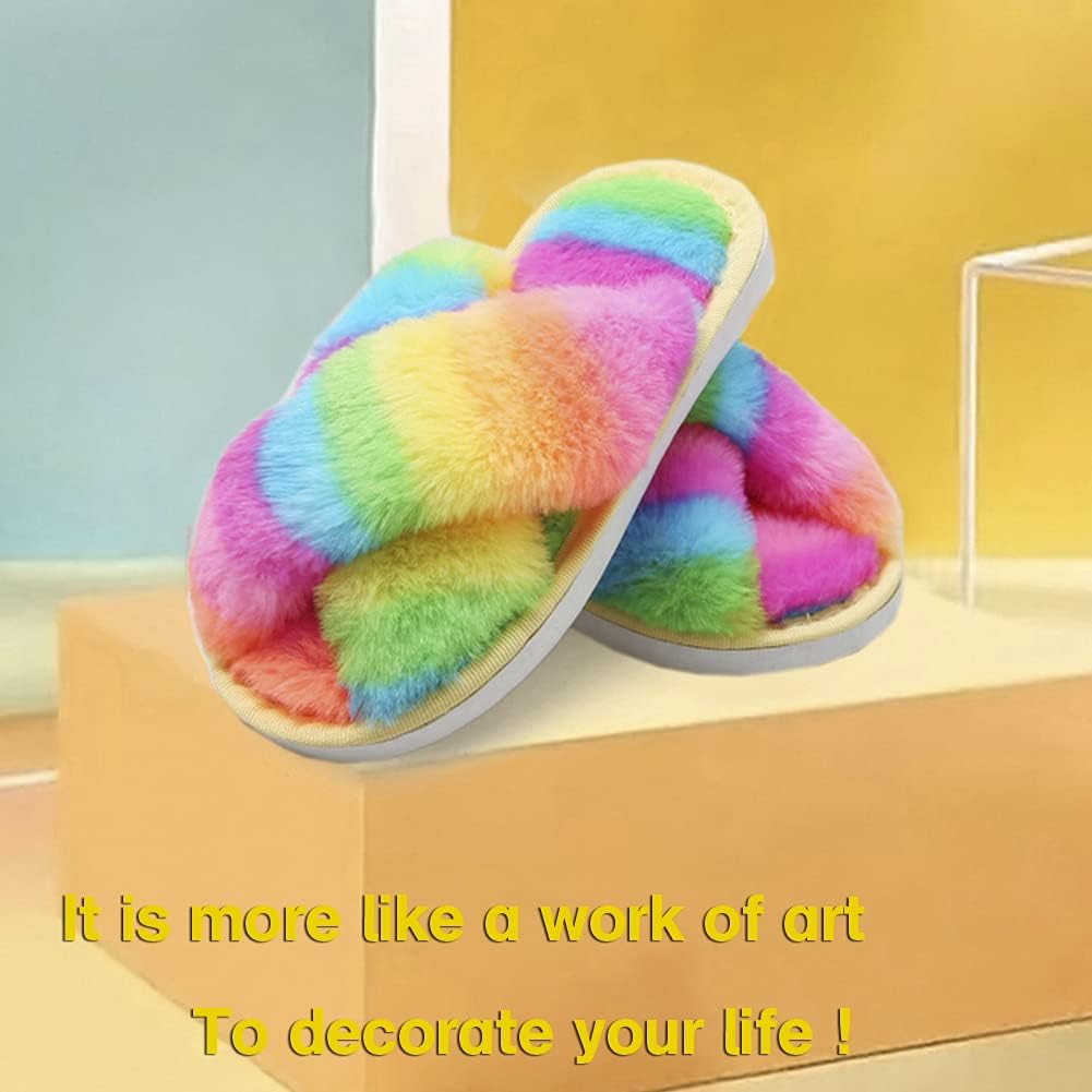 LightFun Girl's Fuzzy Fluffy Furry Slippers Fur Flip Flop Open Toe kids Slippers Cross Band Shoes Slides for Girls House Home Indoor Outdoor