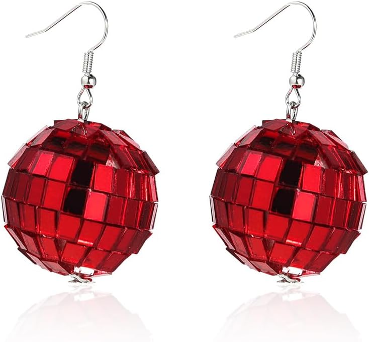 60'S 70'S Silver Mirror Disco Ball Drop Dangle Earrings Hook Chain Cool Punk for Women Classic Dance Party Halloween Costume Jewelry