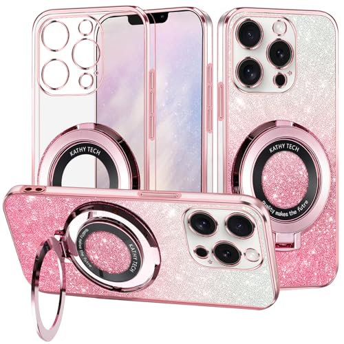 Coque iPhone 13 Pro rose pailletée : support anneau idéal pour vidéos et charge sans fil
