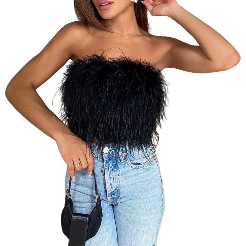 Women Sexy Feather Crop Tops Artificial Faux Fur Trim Sleeveless