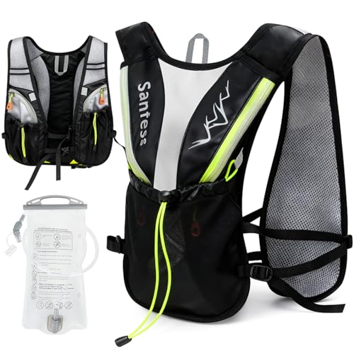 Laufweste Damen Herren, Laufrucksack mit 1.5L Trinkblase, Leicht & Atmungsaktiv Trinkrucksack, Reflektierende Trinkweste für Trailrunning, Joggen, Wandern
