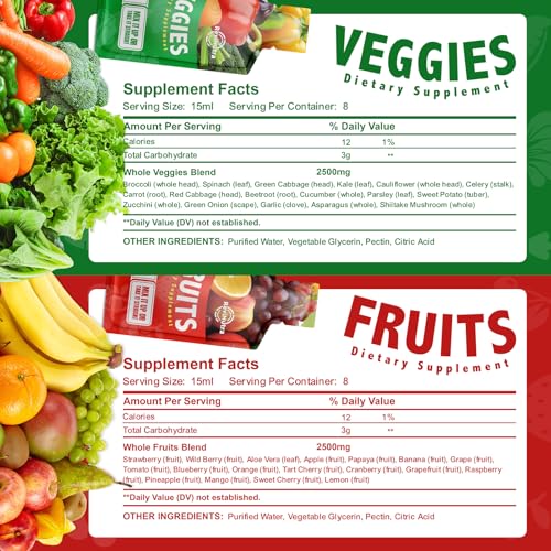 Image of Fruit and Veggies Supplement - 16 Pouches Superfoods & Super Greens for Adults & Kids - Liquid Fruits and Vegetables with Vitamins & Minerals - Support Energy, Detox, Immunity, Digestion & Metabolism