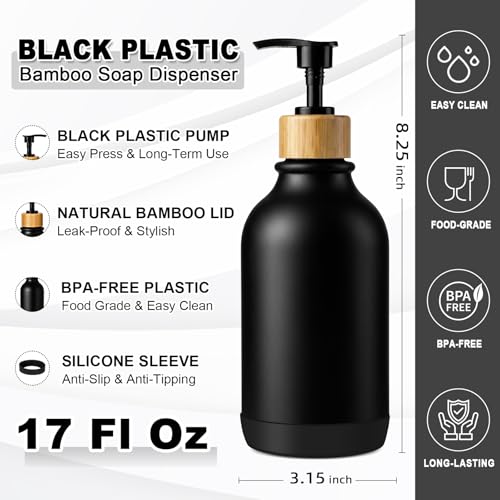 Image of KASUNTING Hand Soap Dispenser Bathroom with Anti-Slip Silicone Boot, Black Dish Soap Dispenser for Kitchen, 2 Pack 17 Fl Oz Plastic Hand and Dish Soap Dispensers Set with Bamboo Pump