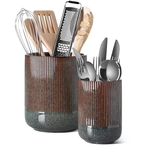 LE TAUCI Utensil Holder for Kitchen Counter, 7.3″+5.4″ Fluted Ceramic Utensil Crock Organizer for Countertop, Heavy Large Holder for Spatulas, Spoons, Set of 2, Olive Brown Marble