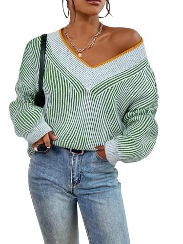 Image of Cakulo Womens Oversized Striped V Neck Long Sleeve Sweaters