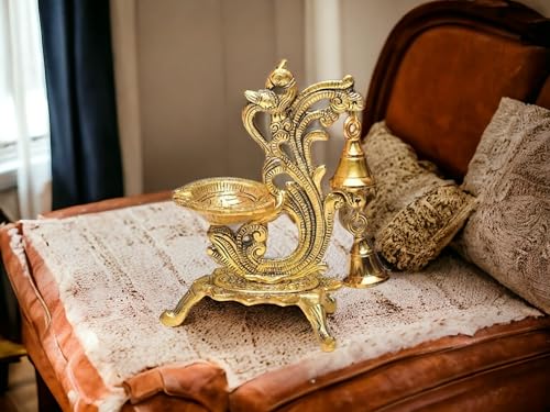 Image of Saudeep India Oxidized Metal Diya for Puja | Peacock Design Oil Diwali Lamp | Antique Akhand Diya for Temple, Home Decor, Pooja Room, Festivals (Gold, 14x9x20cm) (Pack of 1)