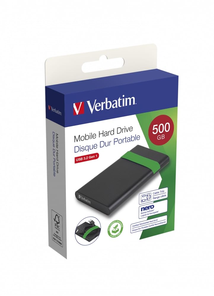 Verbatim Disco Certificado REFURBISHED Duro portátil Externo USB 3.2 Gen 1-500 GB HDD 2.5'', Plug&Play