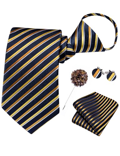 Image of Hi-Tie Zipper Ties for Men Navy Gold Striped Pre-tied Tie Set Lapel Pin Pocket Square and Cufflinks Formal Business Wedding Adjustable Necktie