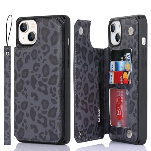 Cavor for iPhone 13 Case with Card Holder for iPhone 13 Wallet Case for Women Men Stand and Strap Leopard Grain Shockproof Protective Phone Cover-Black