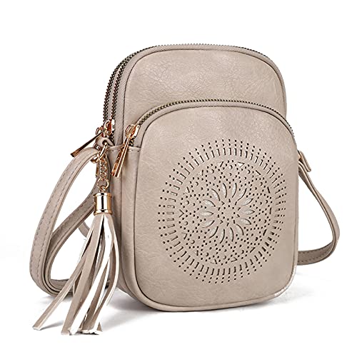 GLITZALL Mala de ombro pequena com vários bolsos, bolsa de ombro com borlas, oca para mulher, bolsa de mão, bege
