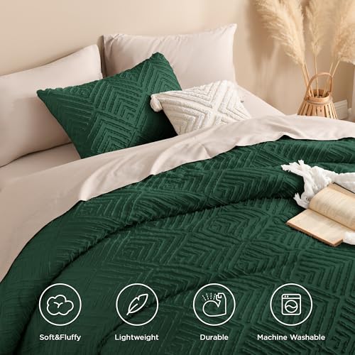 Image of Andency Dark Emerald Green Oversized King Comforter 128''x120'', 3 Pieces Soft Boho Bedding Set & Collections, All Season Farmhouse Tufted Fluffy Bed Set (1 Comforter, 2 Pillowcases)