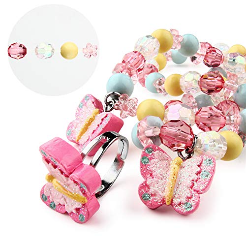 Butterfly Stretch Necklace Little Girl Toddler Necklace Bracelet Set, Little Princess Jewelry Kids Play Necklaces Butterfly Rings for Kids3