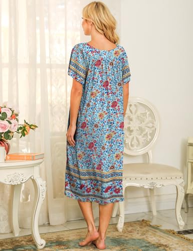 Image of Bloggerlove Mumu House Dress for Women with Pockets Short Sleeve Nightgowns | 15% Cotton, 80% Polyester, 5% Spandex, Floral Mumu House Dress, V-Neck, Short Sleeves, Midi Length, 2 Side Pockets, Lounging