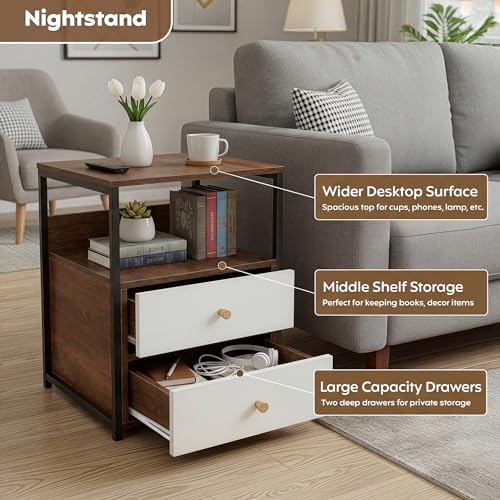 Image of Decor & More Bedside Table with 2 Drawers | Wooden Nightstand for Bedroom with Smooth Sliding Drawers & Open Storage Shelf | Space-Saving Side Table for Living Room | DIY