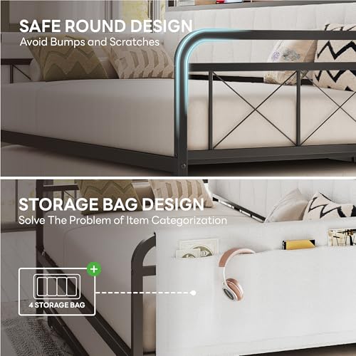 Image of LIKIMIO Twin Daybed, Day Bed with Trundle, Storage Boucle Upholstered Headboard and Charging Station, Trundle Bed with Strong Supports for Living Room, Bedroom, and Guest Room, Cream