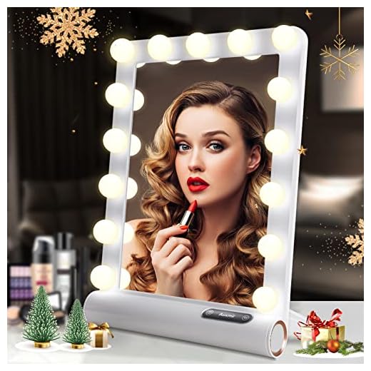Auxmir Hollywood Schminkspiegel mit Beleuchtung, 15 LED Licht Dimmbarer Schminktischspiegel, 3 Farbtemperatur Licht, Touch Control Tischplatte oder Wandhalterung, Tischspiegel für Schlafzimmer, Weiß