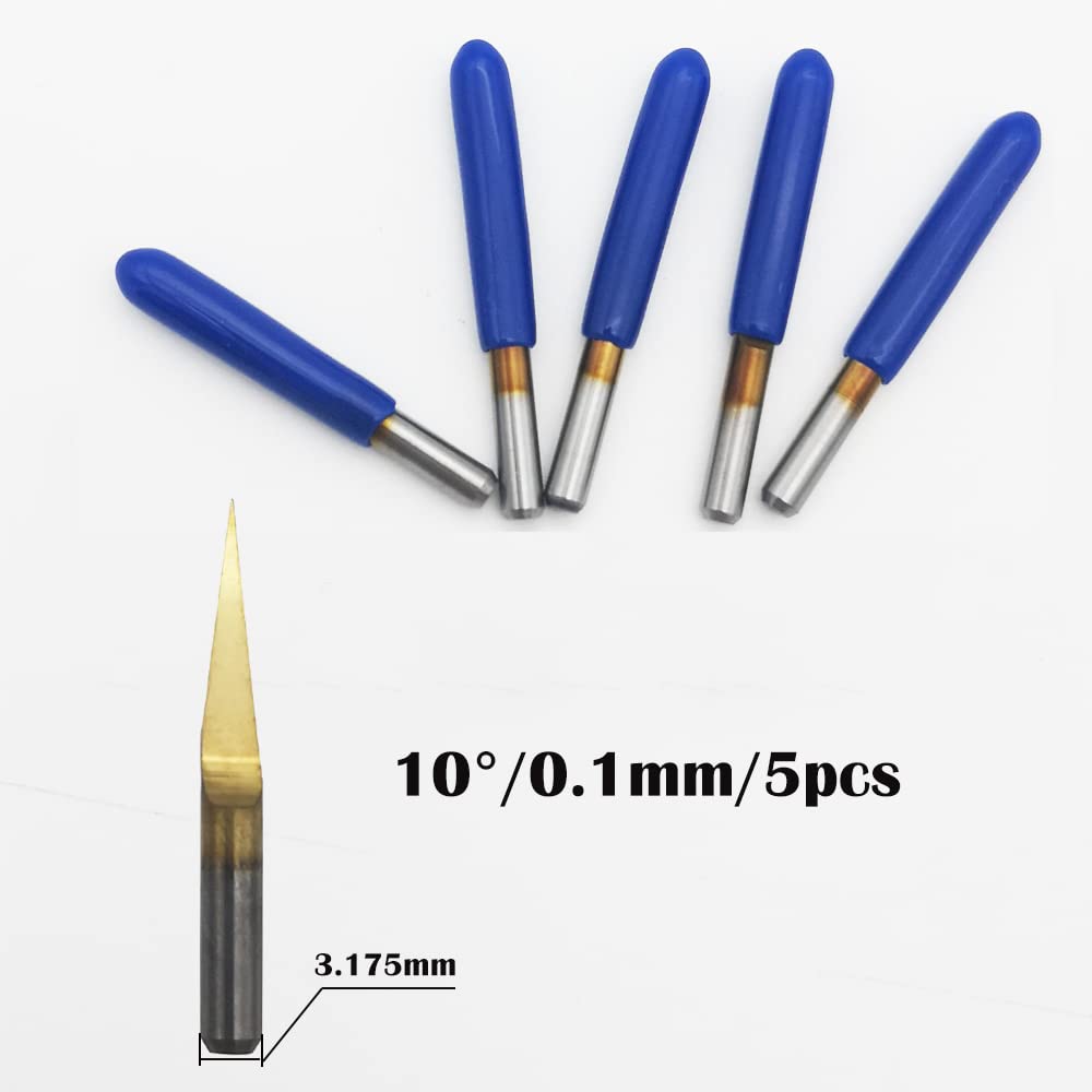 CESFONJER 5 Pcs Brocas Carburo, 3.175mm Shank 10 Grados 0,1 mm punta recubierto titanio Grabado Bits CNC Router Herramienta Bit