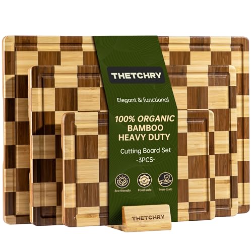 3 Pack Checkered Bamboo Cutting Board Set, Decorative End Grain
