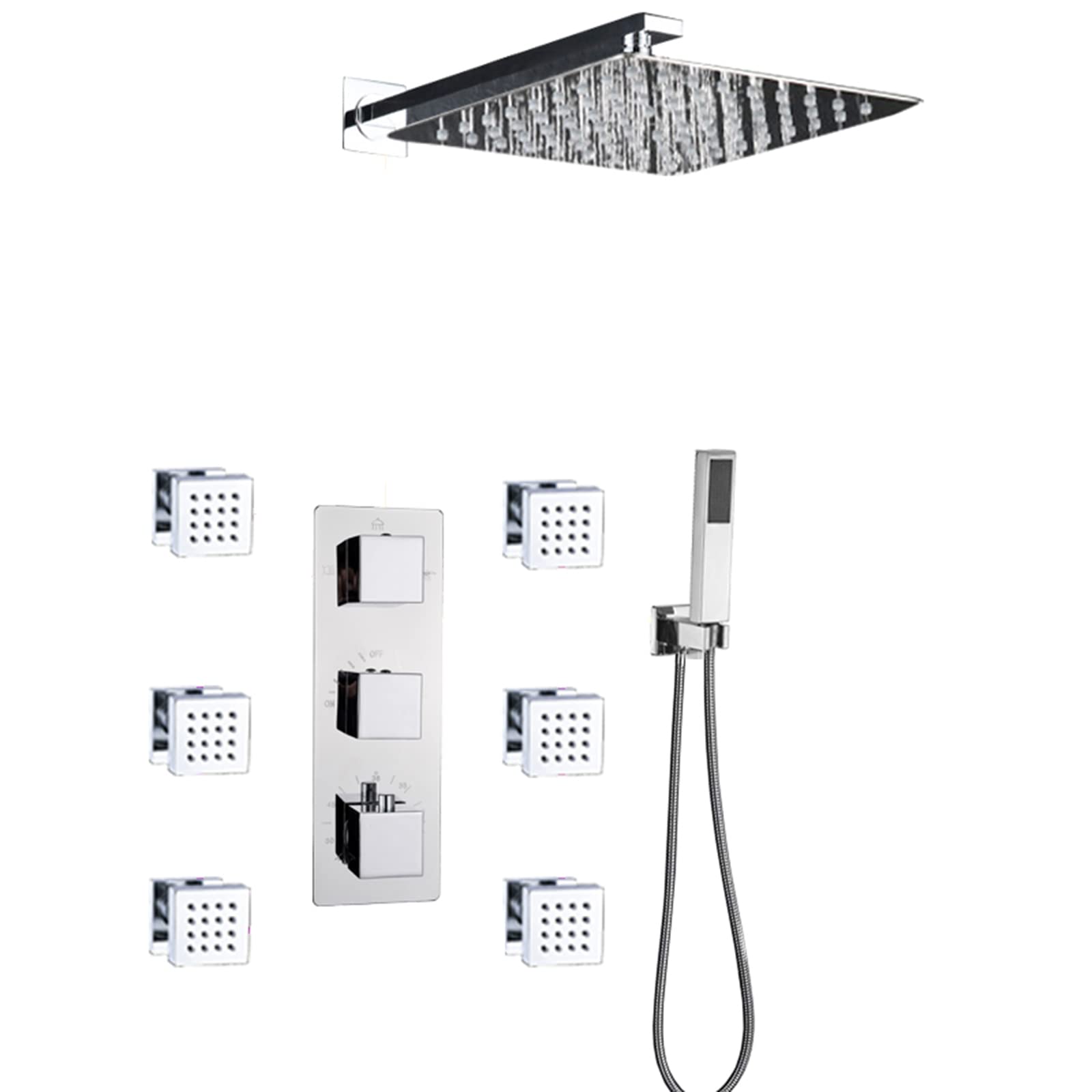 GLJTUO Shower system, Shower System Thermostatic Concealed Shower Combo Set Chrome Finish Shower Mixer Taps Set with 6 Body Sprays with Brass Hand Shower and Waterfall Rainfall,size_name-12 Inch
