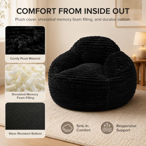 Image of Simple Deluxe 3.25 ft Faux Fur Memory Foam Bean Bag Chair, Large Comfy Lazy Chair for Adult with Washable Cover, Perfect for Reading Gaming in Living Room Bedroom, Black