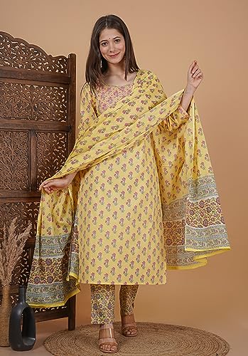 Image of MEERA FAB Women's Cotton Printed Green Printed Straight Embroidery Kurta with Palazzo & Dupatta Set