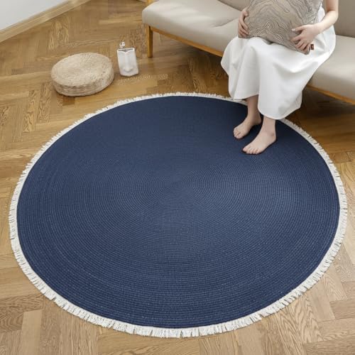 Image of Cotton Round Carpet 3x3 feet - Handmade Braided Boho Rug for Living Room, Bedroom & Balcony - Soft Washable Floor Mat, Color -Blue