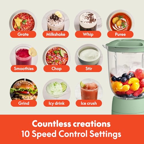 Image of bella 10 Speed Countertop Blender, Juicer & Smoothie Maker, Fits-anywhere Kitchenware, Slim Flip & Store Design, Dishwasher Safe 48oz Capacity Pitcher & Lid, Stainless Steel Blade, 450 Watt, Seaglass