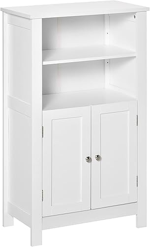 kleankin Armario de almacenamiento para suelo de baño armario de lino independiente con puertas dobles y 2 estantes ajustables color blanco