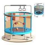 Syrisora Kindertrampolin mit Sicherheitsnetz, Turnringen und Basketballkorb, Kompakt und Einfach Zusammenzubauen, Spielzeug für den Innenbereich für die Ganze Familie (Blau)