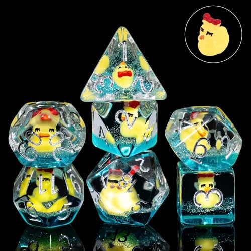 Cusdie 7-Die Dice DND,Resin Dice Set Filled with Animal(Yellow Duck/Bow)