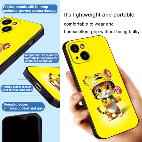 Printed with Cute Tiger for iPhone 15 Case - Cartoon Helmet Tiger with Lollipop Design | Shockproof Slim Cover | Fun & Protective Case, for Girls & Women (B1-Cartoon Cute Tiger)
