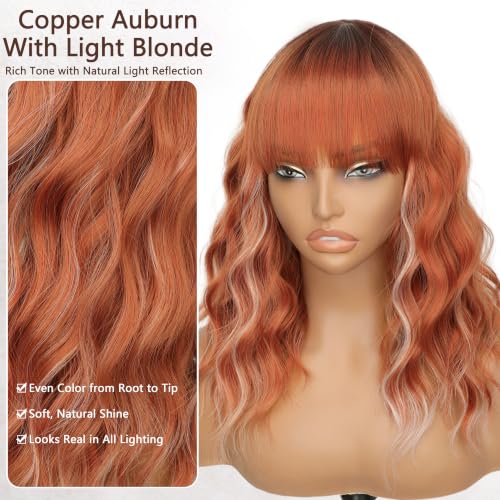 Image of Nnzes Short Wavy Bob Wig with Bangs for Women Shoulder Length Curly Soft Copper Auburn Synthetic Heat-Resistant Fiber Hair for Daily & Party Use