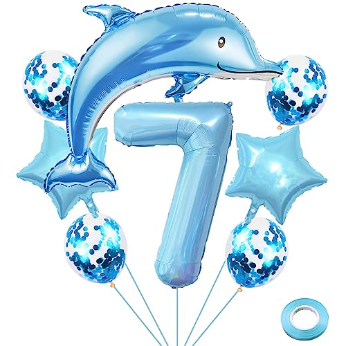 Weenkeey 7 ans dauphin anniversaire ballon dauphin géant aluminium feuille polyester film thème de l'océan fête garçon décoration - bleu clair