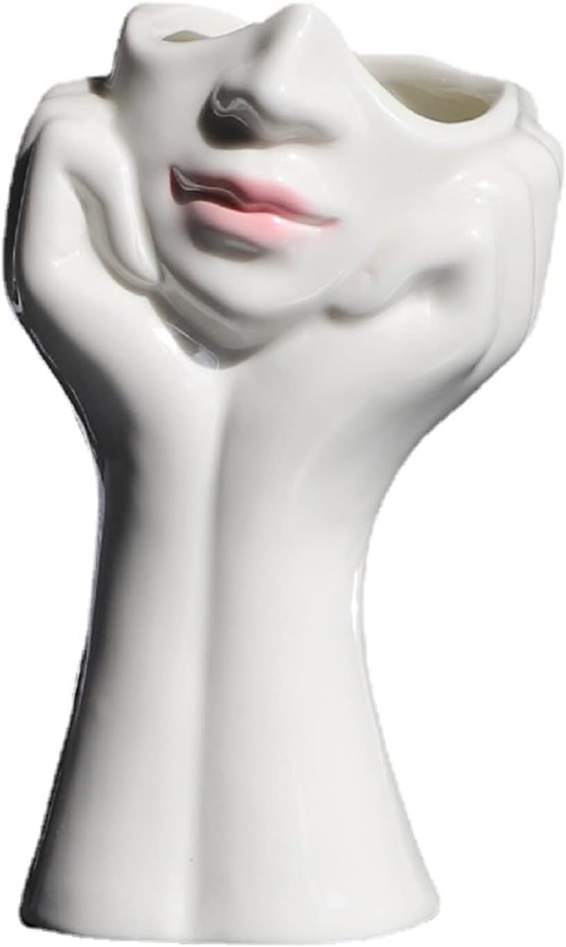 Female Head Face Vase, Ceramic Plant Pots, Flower Planter Figurines Statue Table Centerpieces Sculpture for Wedding Office Kitchen Home Decoration (#1 White with Pink Lip)