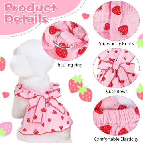 Kunyeah Mädchen-Hundekleid, Erdbeeren-Prinzessinnenkleid, Sommer, ärmellos, Welpenkleidung, Katzenschleife, Dekor-Kostüm mit Leinen-Ring, atmungsaktive Weste für kleine, mittelgroße Haustiere (Rosa,